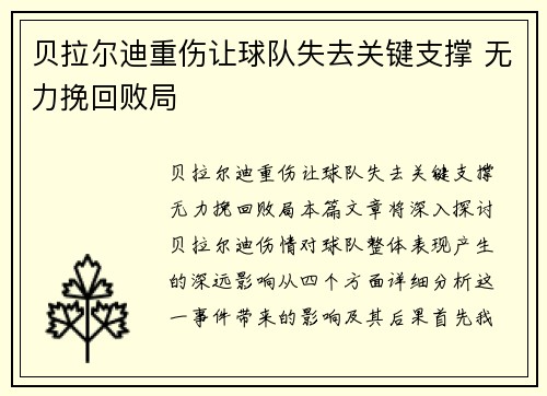 贝拉尔迪重伤让球队失去关键支撑 无力挽回败局
